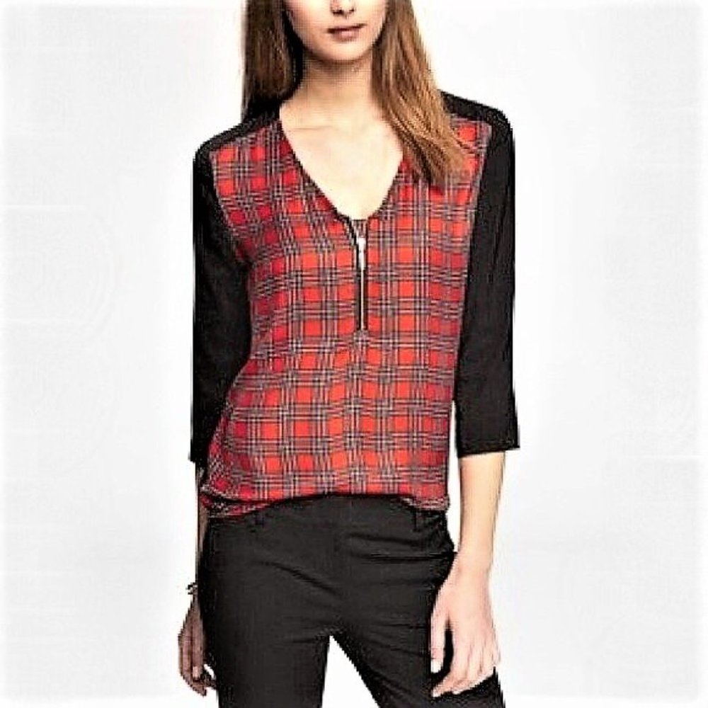 Tartan Plaid Red & Black Zip-Front Tunic Blouse by Express - Size XS